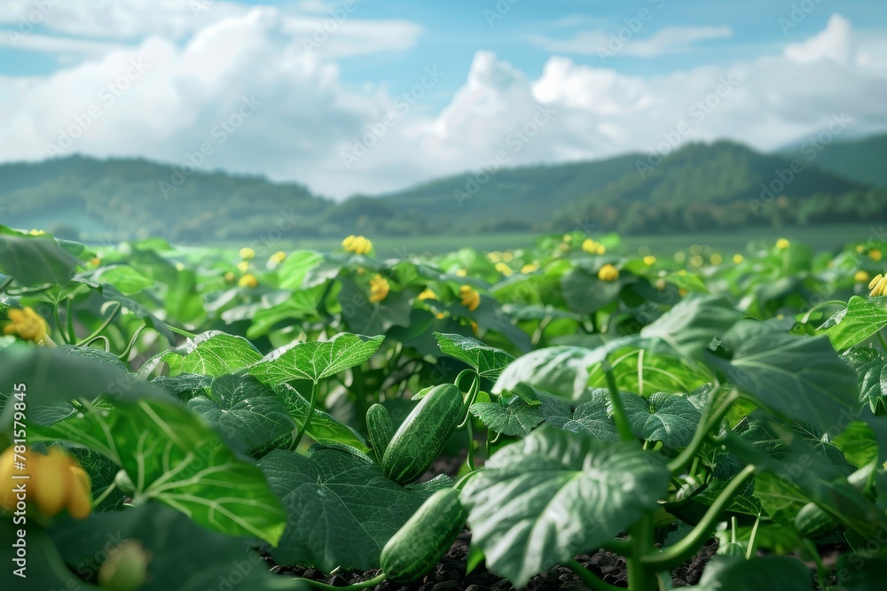 Fototapeta premium Cucumber Field, Cucumber Crop, Many Cucumber, Cucumber Leaves, Cucumber Agriculture Landscape
