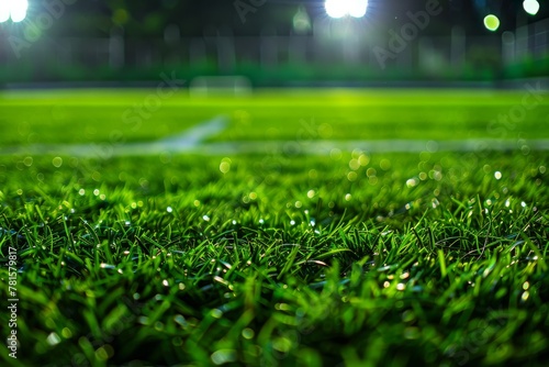 Close-up of soccer field under stadium lights