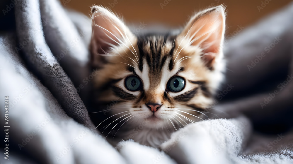 Cute little bengal kitten with blue eyes lying on a blanket