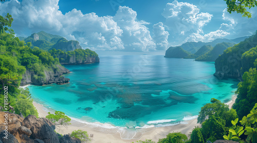 A beautiful blue ocean with a sandy beach and lush green trees in the background