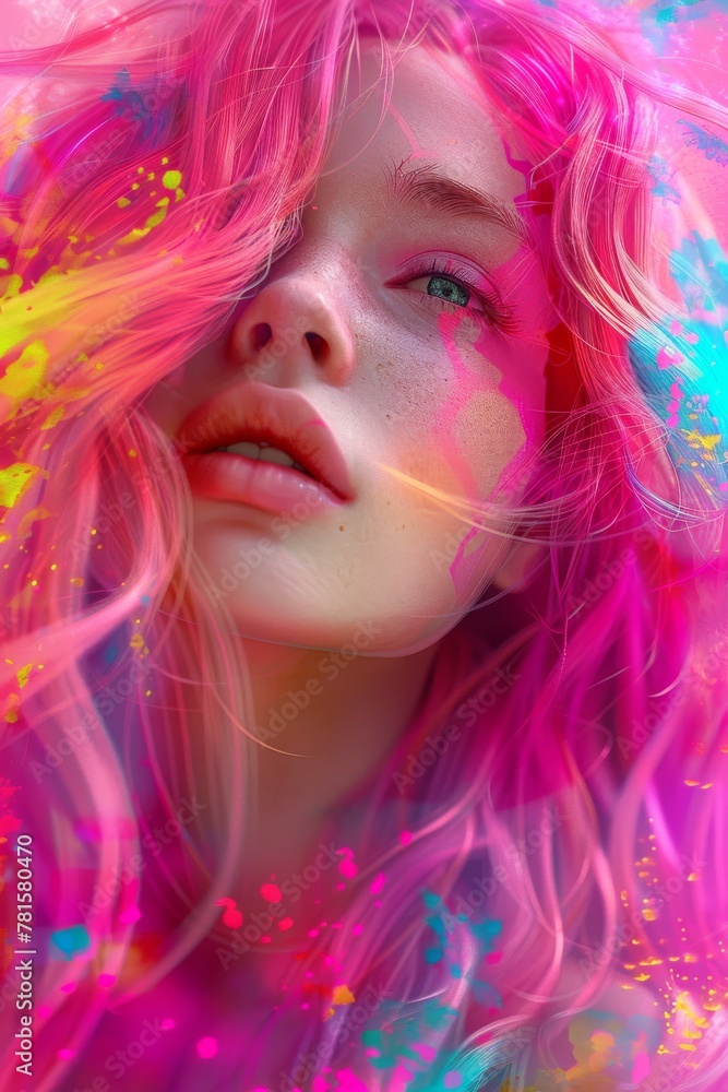 Abstract image featuring a woman with illuminated pink hair in a vibrant neon light setting with dynamic effects