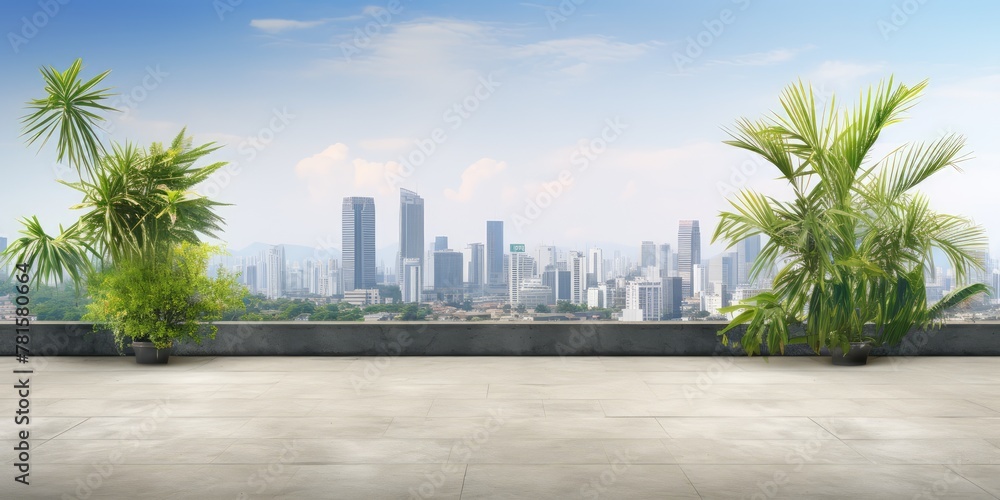 Concrete Floor Mockup with Cityscape, Downtown View from Cozy Space Surrounded by Tropical Plants