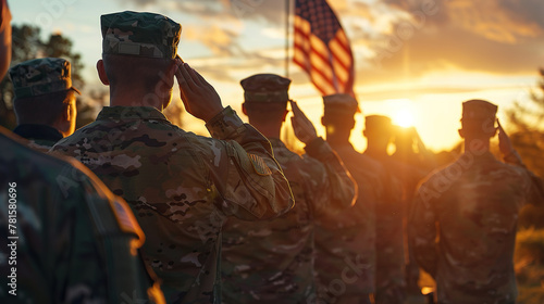 Salute at Sunset: Soldiers Paying Tribute to the Flag in the Warmth of Dusk 