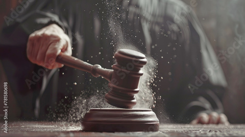 Justice in Action: Dramatic Gavel Strike Capturing Dust Particles in Motion
 photo