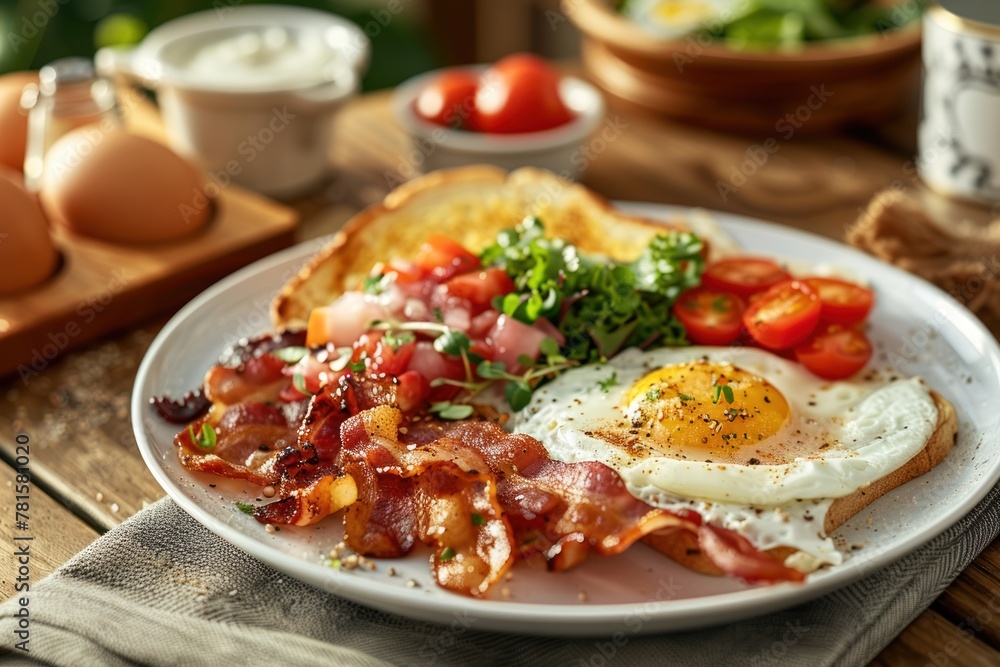 A breakfast plate with eggs, bacon, and toast on a wooden table. A breakfast plate with eggs, bacon, and toast on a wooden table.