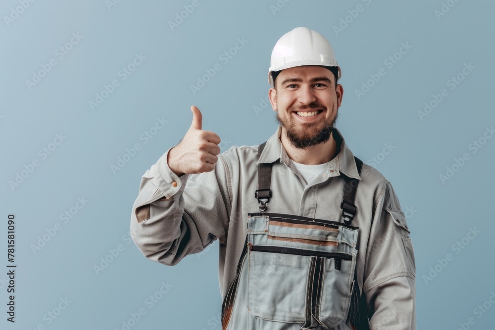 A construction worker wearing a hard hat and overalls gives a thumbs up. A construction worker wearing a hard hat and overalls gives a thumbs up.
