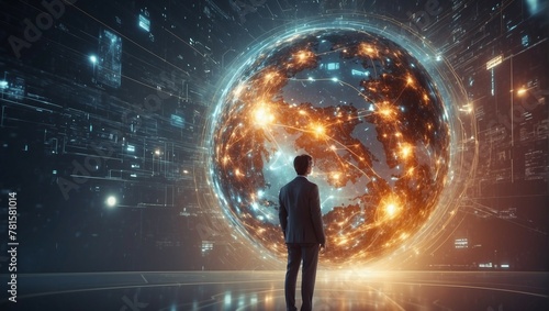 a man in a suit watches as streams of information circulate around the earth