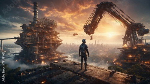 man in protective suit stands on top of building in futuristic city, factory and construction crane photo