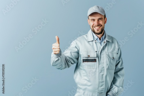 A man in a work uniform giving a thumbs up.