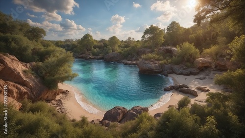 the lake with blue water is surrounded by sandy beaches, rocky outcrops and green bushes