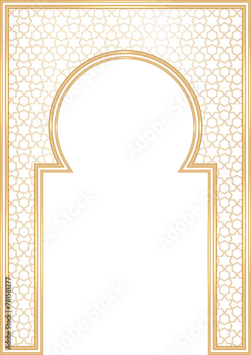 Ramadan Islamic arch frame with ornament. Muslim traditional door illustration for wedding invitation post and templates. Golden frames in oriental style. Persian windows shape photo