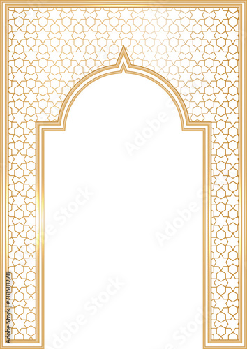 Ramadan Islamic arch frame with ornament. Muslim traditional door illustration for wedding invitation post and templates. Golden frames in oriental style. Persian windows shape photo