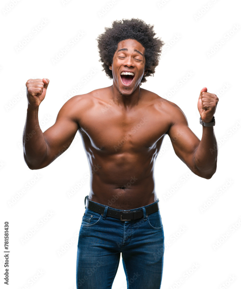 Afro american shirtless man showing nude body over isolated background celebrating mad and crazy for success with arms raised and closed eyes screaming excited. Winner concept Afro american shirtless man showing nude body over isolated background celebrating mad and crazy for success with arms raised and closed eyes screaming excited. Winner concept