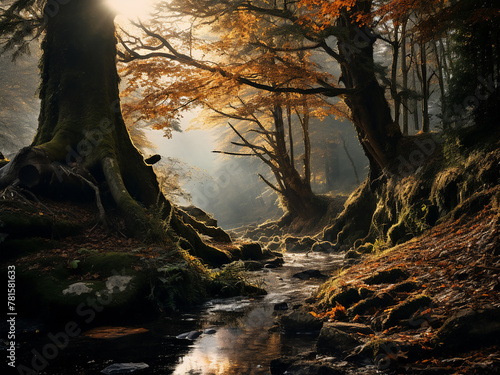 Natural environment depicts autumn in ancient forest photo