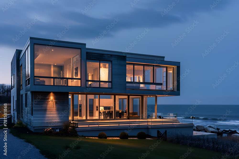 Luxury modern house on the shore of a reservoir, real estate, minimalism, architectural concept
