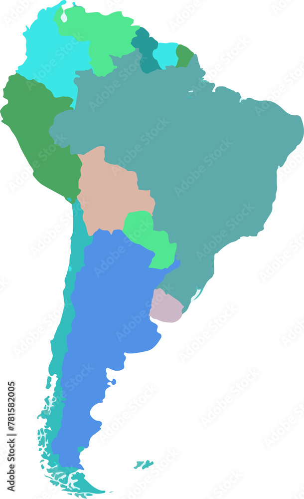 Fototapeta premium Outline Map of South America with Color Filling on a White Background
