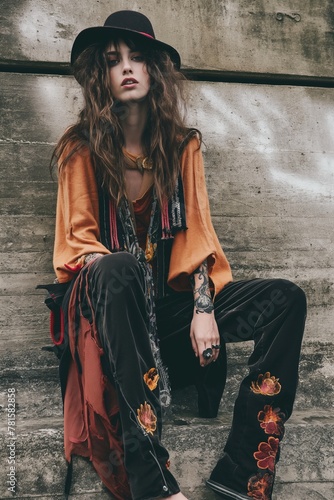 A young woman embodies the bohemian urbanite spirit, her layered clothing and accessories creating a narrative of creative individualism on the city streets.