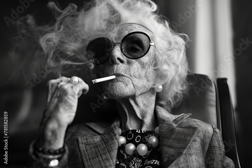 An elderly woman exudes a rebellious spirit, smoking a cigarette with sunglasses on, her image a contrast of elegance and edginess in monochrome.