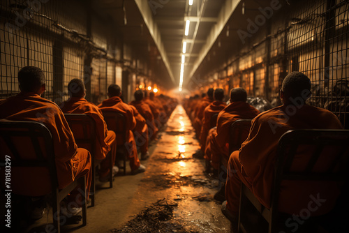 A group of prisoners are sitting in a long hallway