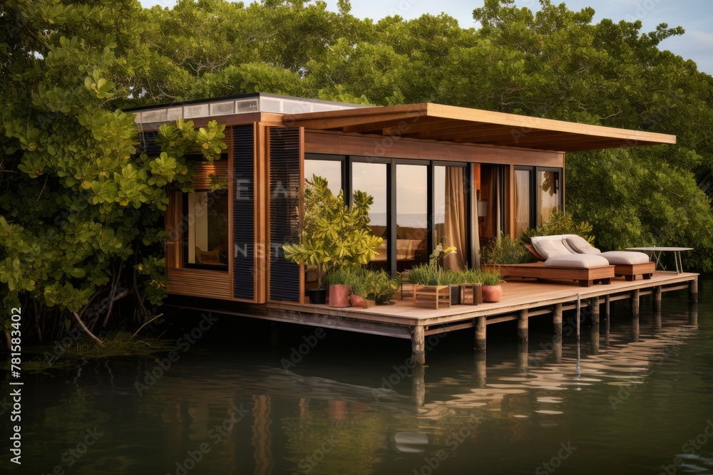 modern wooden eco house on the water. cozy modern bungalow in Asian style, boutique hotel modern wooden eco house on the water. cozy modern bungalow in Asian style, boutique hotel