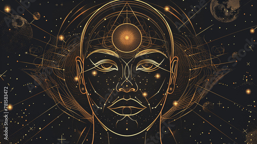 A celestial prophet graphical vector face with celestial motifs and cosmic symbolism, foretelling the mysteries of the universe. photo