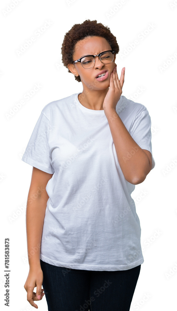 Beautiful young african american woman wearing glasses over isolated background touching mouth with hand with painful expression because of toothache or dental illness on teeth. Dentist concept.