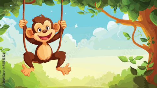 Monkey Swinging in Vine Vector illustration Playfu