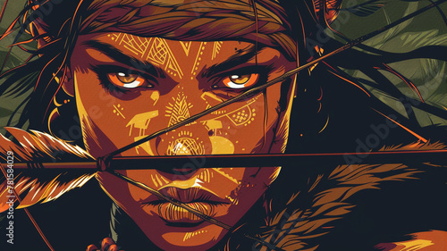 A tribal huntress graphical vector face with animal skins and a bow, stalking her prey with silent determination. photo