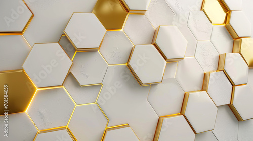 A white wall with golden hexagon tiles, creating an elegant and modern aesthetic.