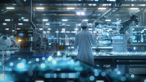 Engineers stand at the software to control operation Smart industry robot arms for factory production.