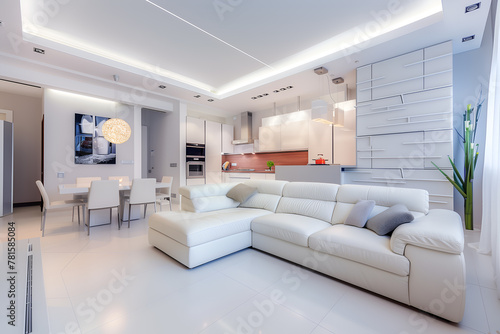 Large bright apartment with minimalistic white interior, interior design concept