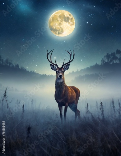 A deer standing in the middle of a foggy field at night with a full moon in the sky behind