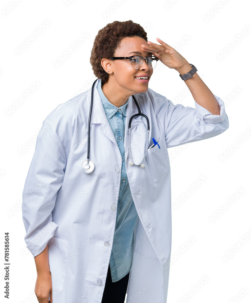 Young african american doctor woman wearing medical coat over isolated background very happy and smiling looking far away with hand over head. Searching concept. Young african american doctor woman wearing medical coat over isolated background very happy and smiling looking far away with hand over head. Searching concept.