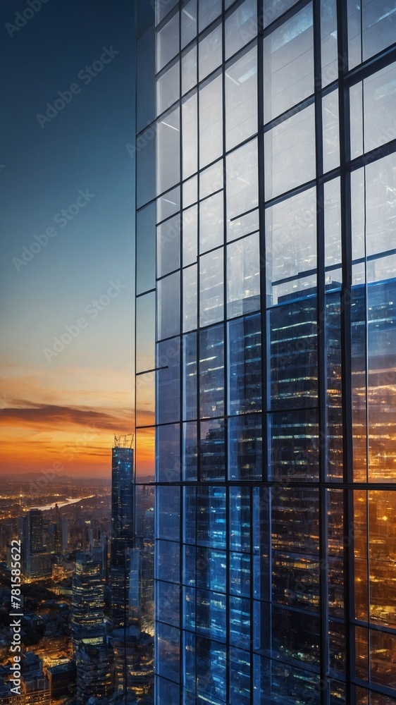 Breathtaking view of cityscape captured at dusk, where golden hues of setting sun paint serene backdrop. Foreground dominated by reflective glass facade of skyscraper. Breathtaking view of cityscape captured at dusk, where golden hues of setting sun paint serene backdrop. Foreground dominated by reflective glass facade of skyscraper.