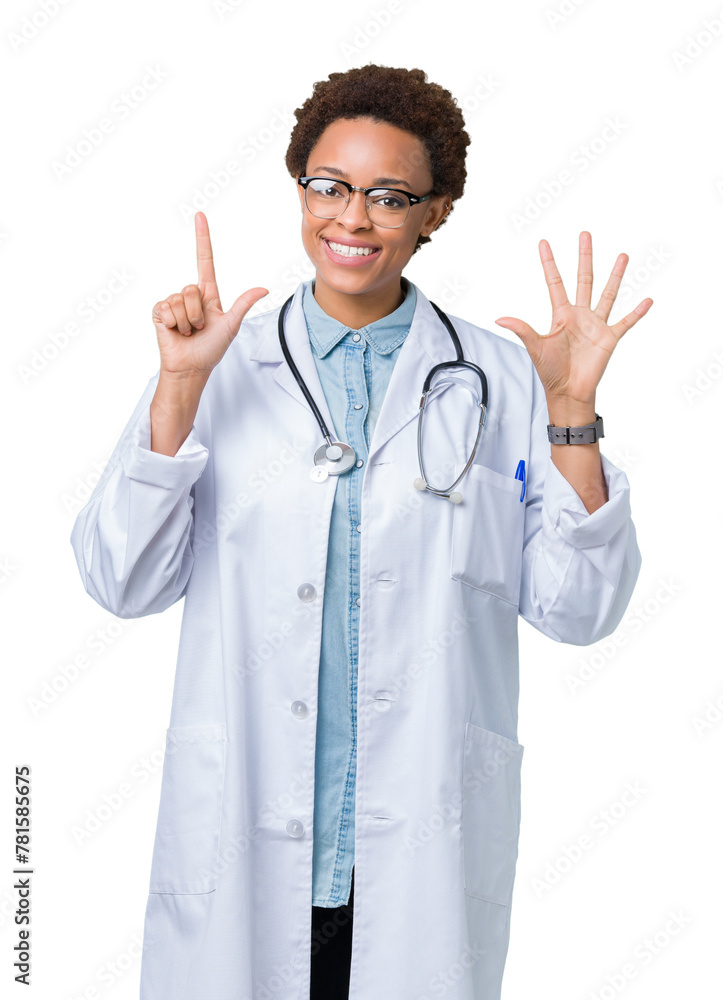 Young african american doctor woman wearing medical coat over isolated background showing and pointing up with fingers number seven while smiling confident and happy. Young african american doctor woman wearing medical coat over isolated background showing and pointing up with fingers number seven while smiling confident and happy.