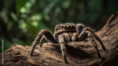 Spider, displaying mix of colors, patterns that blend harmoniously with surroundings, perches on textured, brown piece of wood. Multiple eyes, hairy legs of spider visible.