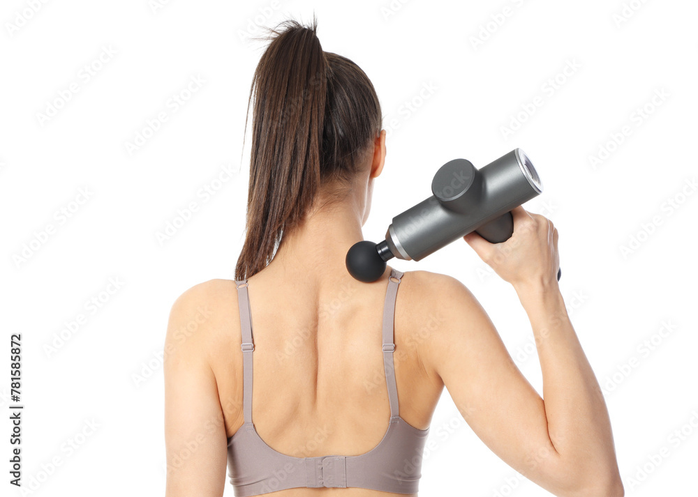Sporty young woman massaging her neck with percussive massager on white background, back view Sporty young woman massaging her neck with percussive massager on white background, back view