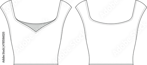 cap sleeve curved deep sweetheart neck crop cropped blouse top t-shirt tee template technical drawing flat sketch cad mockup fashion woman design style model