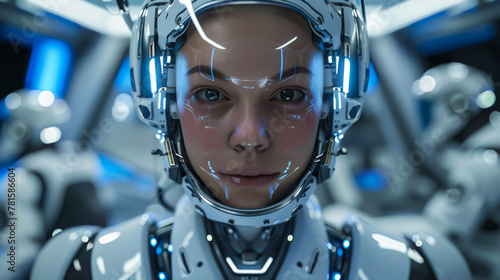 A woman in a white space suit with blue lights on her helmet. The woman is looking at the camera