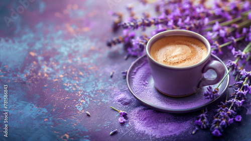 A cup of coffee, a lot of lavenders on the table, a few purple powder on the table