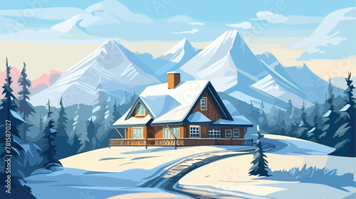 Mountain lodge. Winter landscape. Flat design. Gues