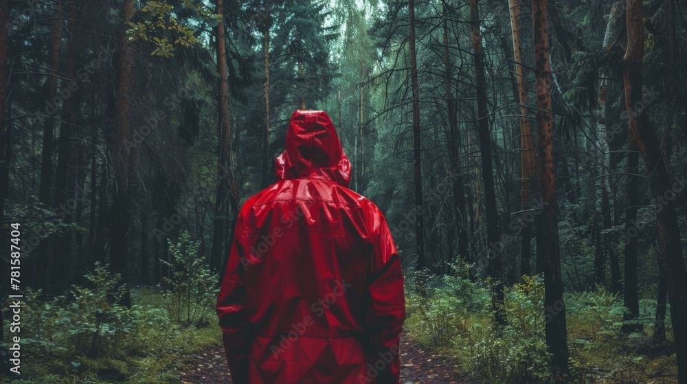 Person in red raincoat standing forest Person in red raincoat standing forest