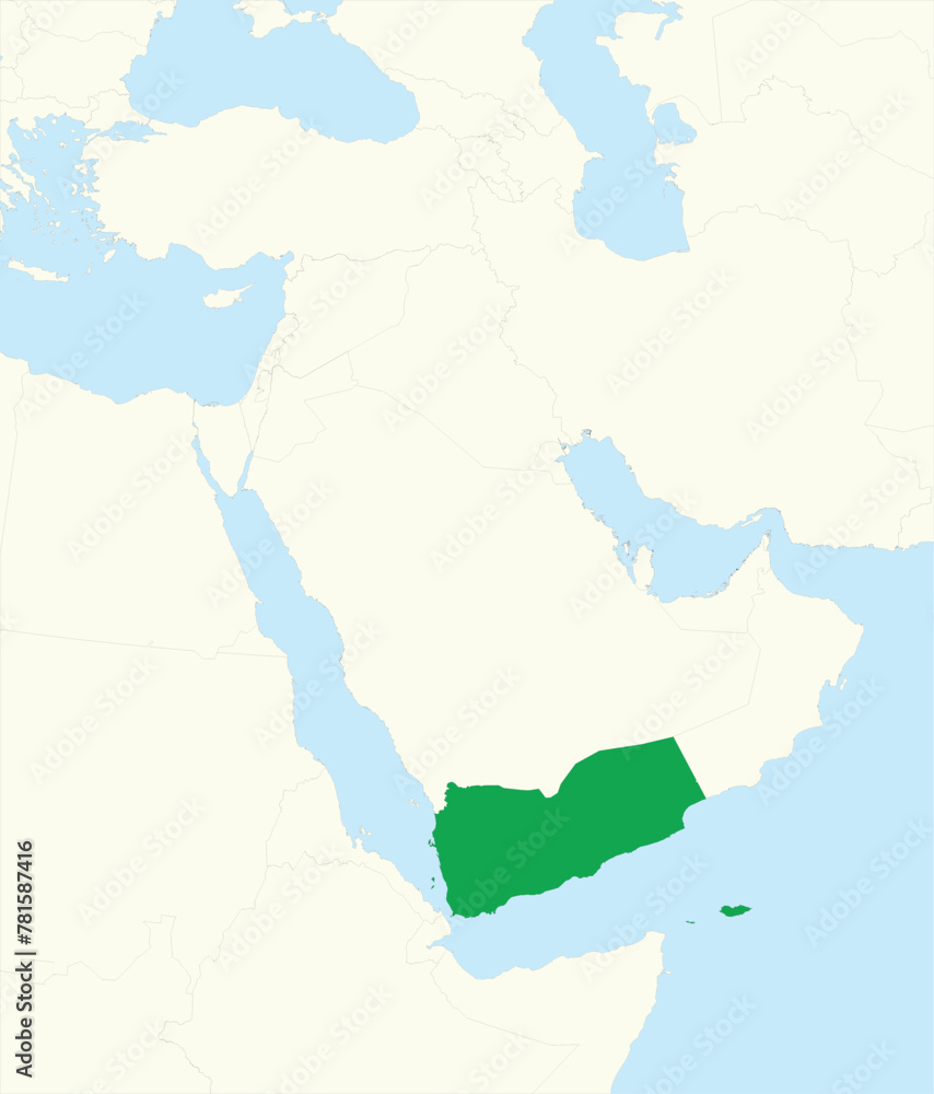 Green detailed blank political map of YEMEN with black borders on beige continent background and blue sea surfaces using orthographic projection of the Middle East