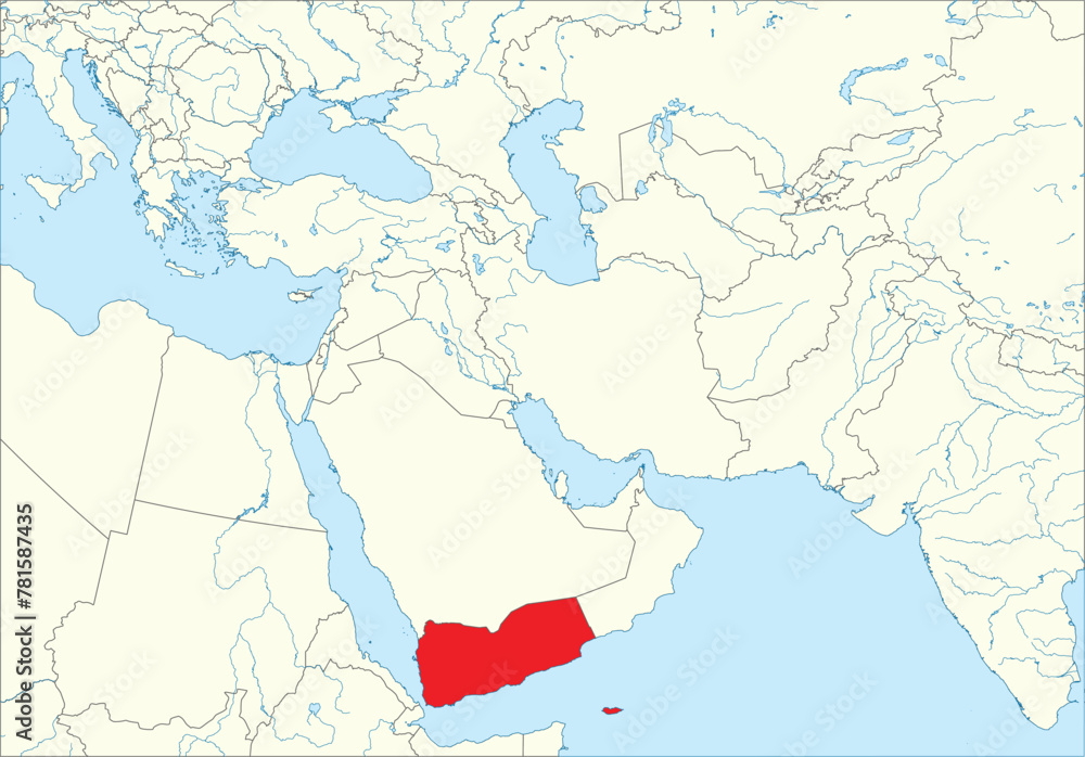 Red detailed blank political map of YEMEN with black borders on white continent background, blue sea surfaces and rivers using orthographic projection of the Middle East