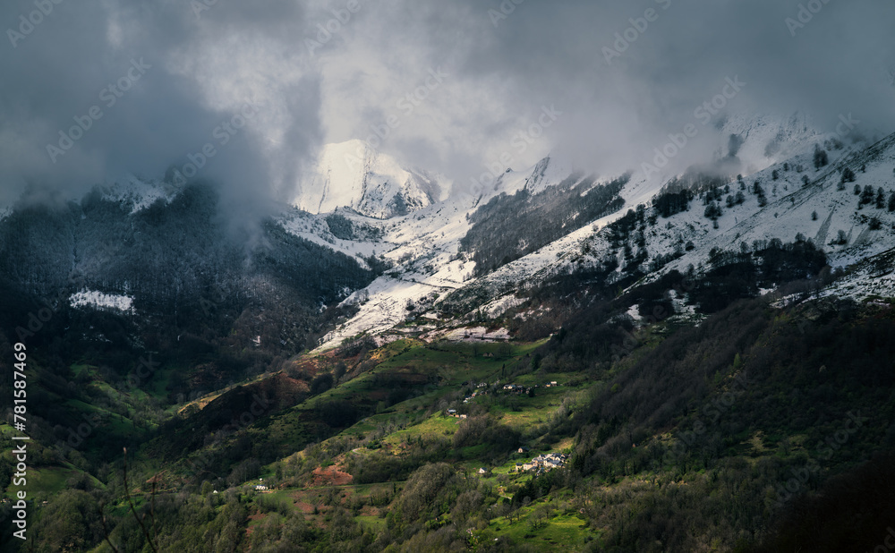 View of the snow-capped Pyrenees and village in south-west France
