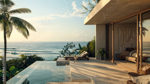 Calm outdoor scene of aman style raw material finish hotel villa in an the mexican tropics with a plunge pool and ocean views