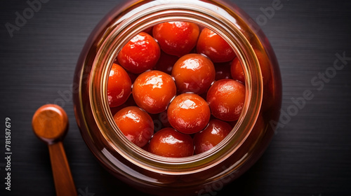 wide top view background of Indian sweets, clear glass jar full of Gulab jamun and sugar syrup banner image in dark color table photo