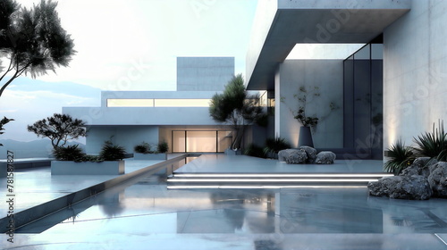 Modern villa with an exterior design, featuring minimalist archi photo