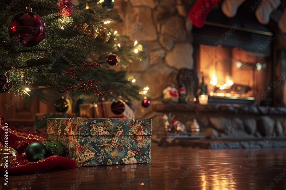 Warm Christmas Eve Setting with Gift and Fireplace