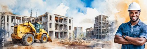 Watercolor style illustration banner - black construction engineer in helmet on construction site, with buildings at backdrop.Architectural Engineering,Concept of Urban Development.